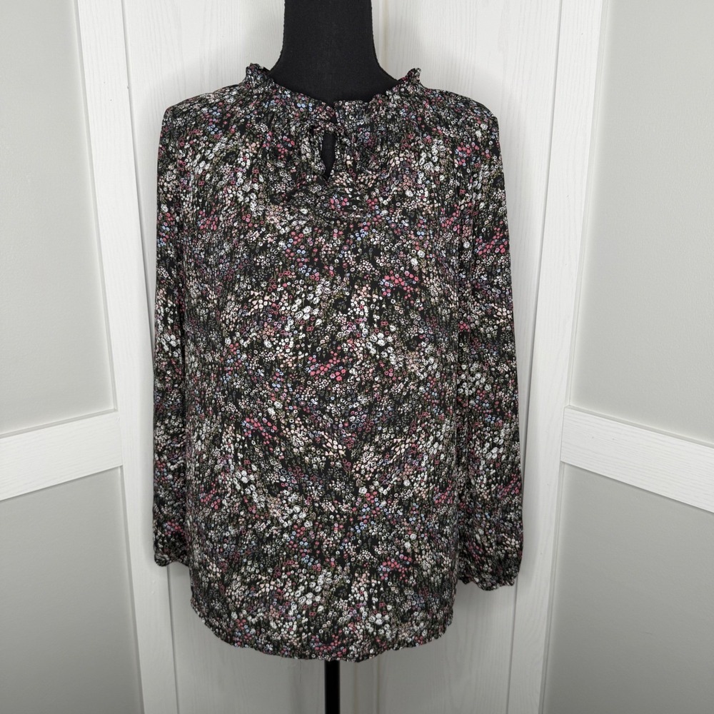 Loft Outlet Blouse Womens Medium Black Floral Ruffle Neck Keyhole Tie Top